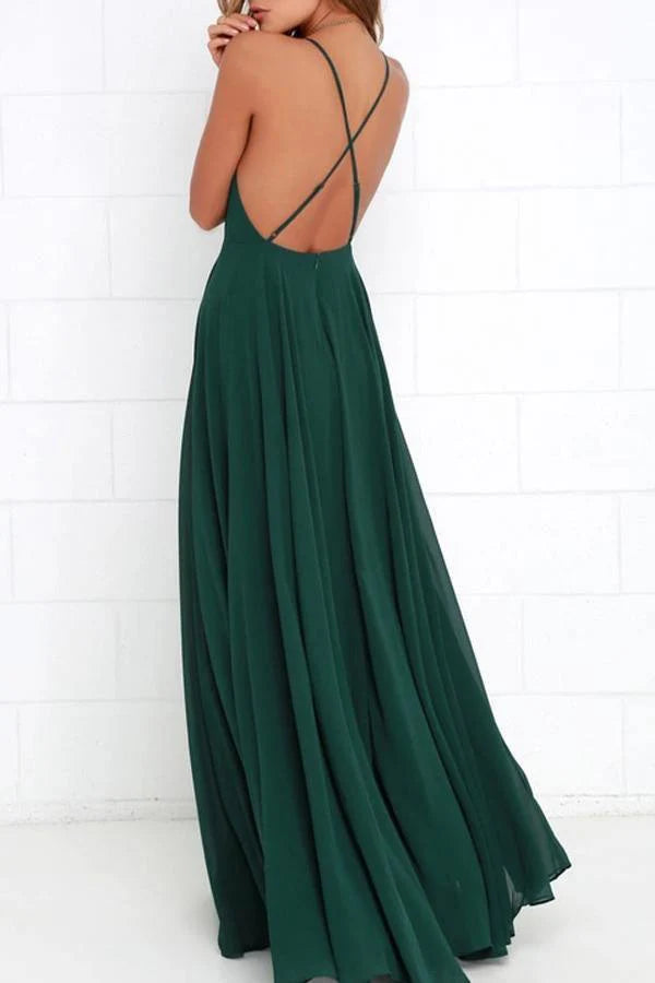Flowy Chiffon Halter Cross Back Floor Length Long Bridesmaid Dress