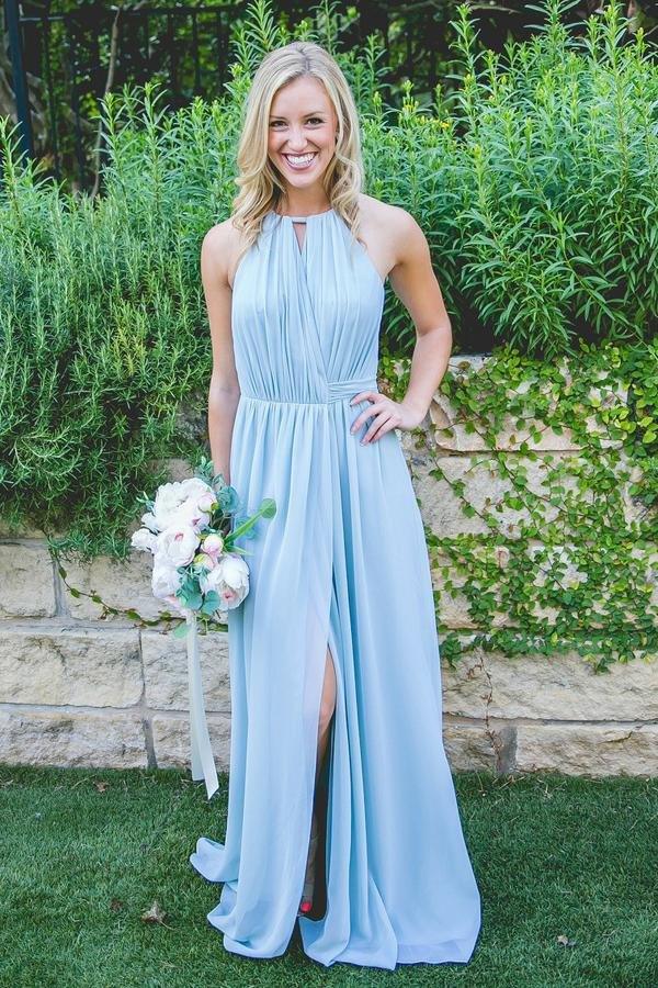 Flowy Chiffon Halter Neck Keyhole Tie Back Floor Length Bridesmaid Dress