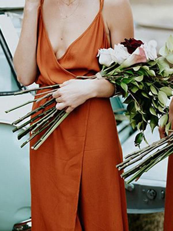 Flowy Chiffon Halter Wrap V-Neck Waist Tie Open Back Floor Length Bridesmaid Dress