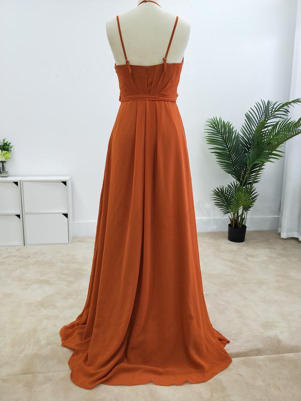 Flowy Chiffon Halter Wrap V-Neck Waist Tie Open Back Floor Length Bridesmaid Dress