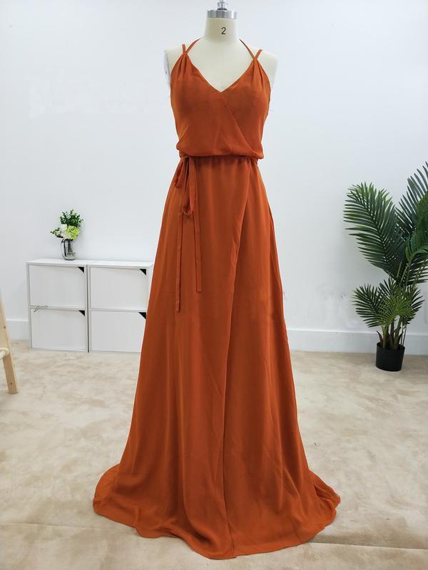 Flowy Chiffon Halter Wrap V-Neck Waist Tie Open Back Floor Length Bridesmaid Dress