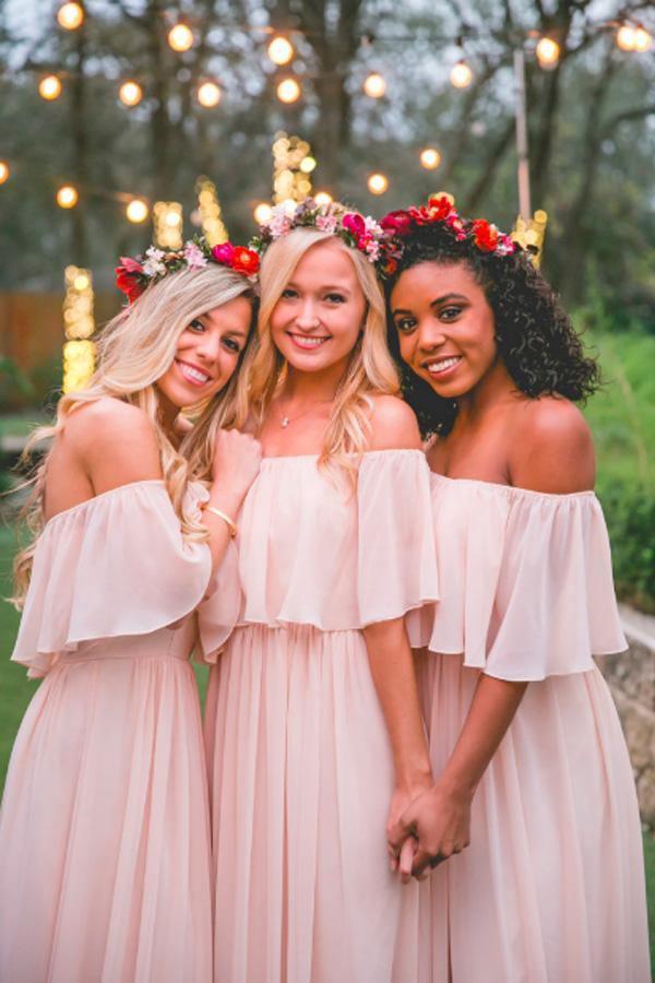 Flowy Chiffon Off Shoulder Ruffle Open Back Floor Length Bridesmaid Dress