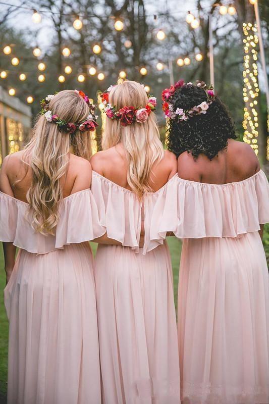 Flowy Chiffon Off Shoulder Ruffle Open Back Floor Length Bridesmaid Dress