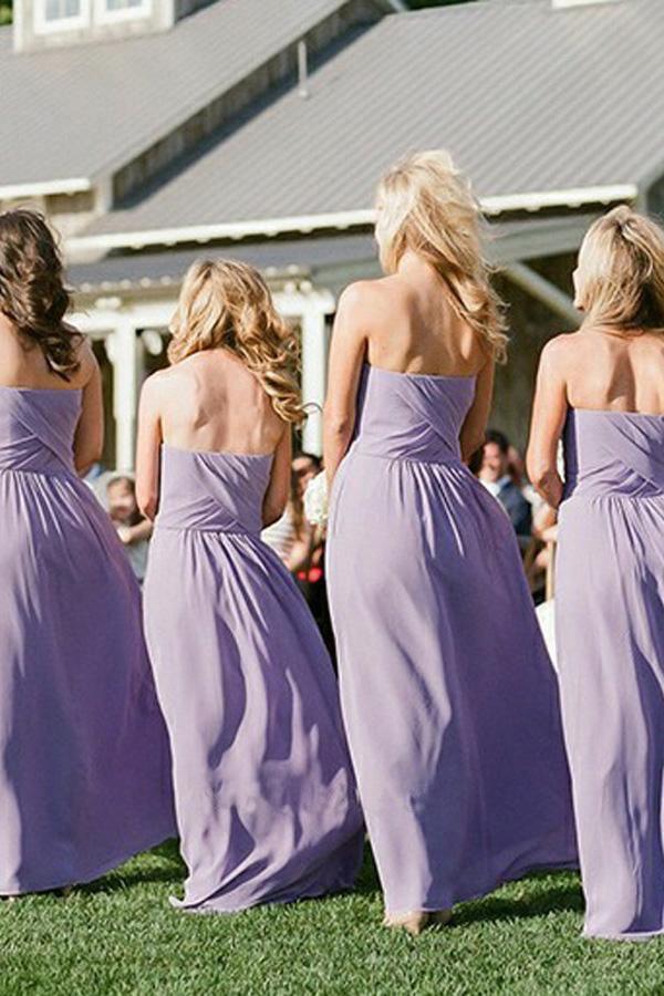 Flowy Chiffon Strapless Sweetheart Ruched Back Floor Length Bridesmaid Dress