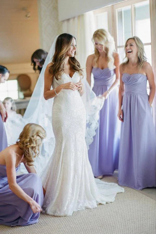Flowy Chiffon Strapless Sweetheart Ruched Back Floor Length Bridesmaid Dress