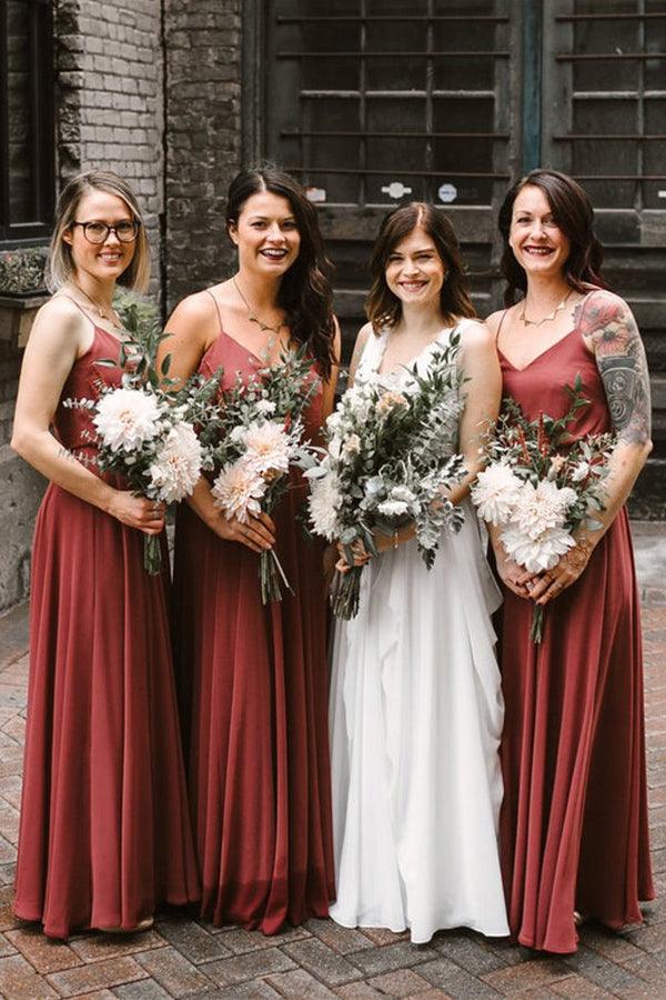 Flowy Chiffon V-Neck Spaghetti Strap Open Back Floor Length Bridesmaid Dress