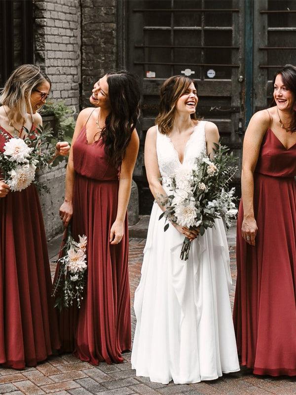 Flowy Chiffon V-Neck Spaghetti Strap Open Back Floor Length Bridesmaid Dress