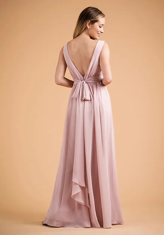 Flowy Dusty Pink A-Line Deep V Neck Sleeveless Deep V Tie Back High Slit Floor Length Bridesmaid Dress