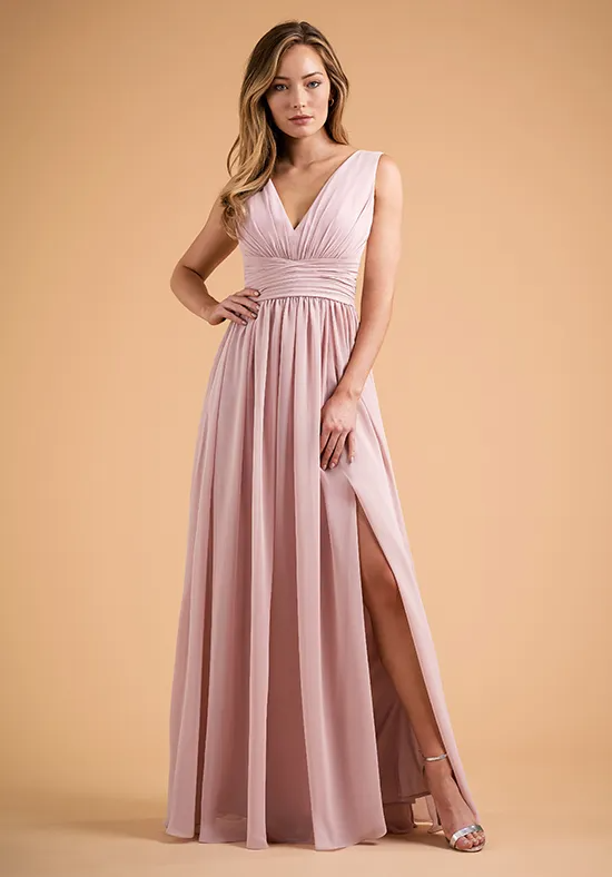 Flowy Dusty Pink A-Line Deep V Neck Sleeveless Deep V Tie Back High Slit Floor Length Bridesmaid Dress