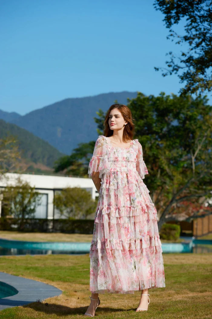 Flowy Half Sleeves Floral Ruffle Tulle Layered Full Of Charm Prom Dress