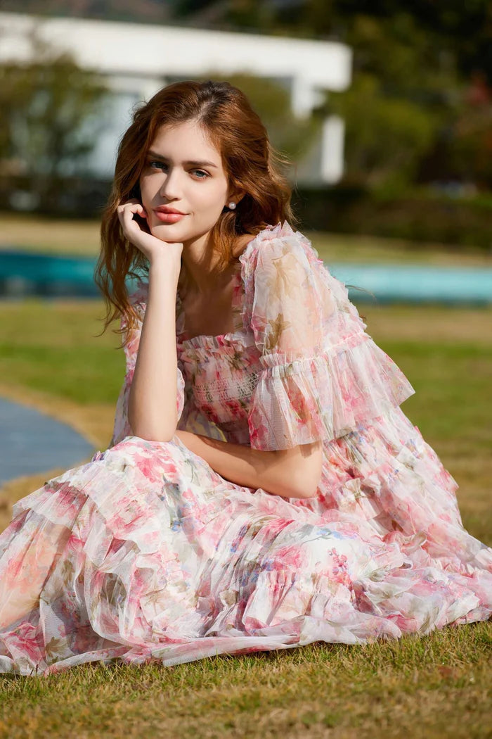 Flowy Half Sleeves Floral Ruffle Tulle Layered Full Of Charm Prom Dress
