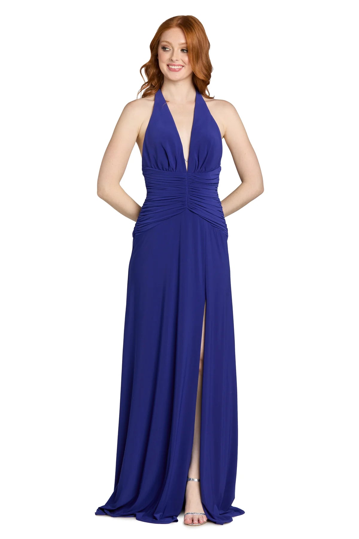 Flowy Halter Neck V Neck Sleeveless Low Back Floor Length Evening Dress with Front Slit