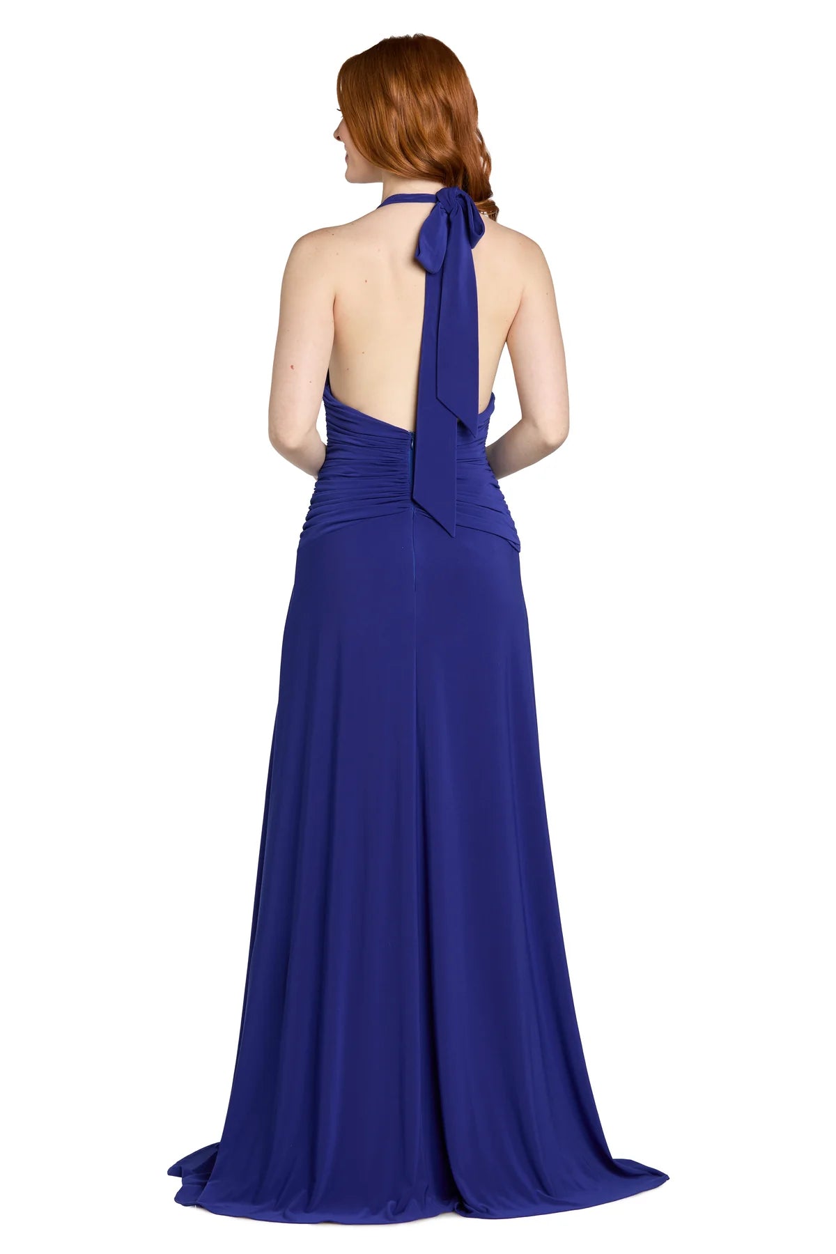 Flowy Halter Neck V Neck Sleeveless Low Back Floor Length Evening Dress with Front Slit
