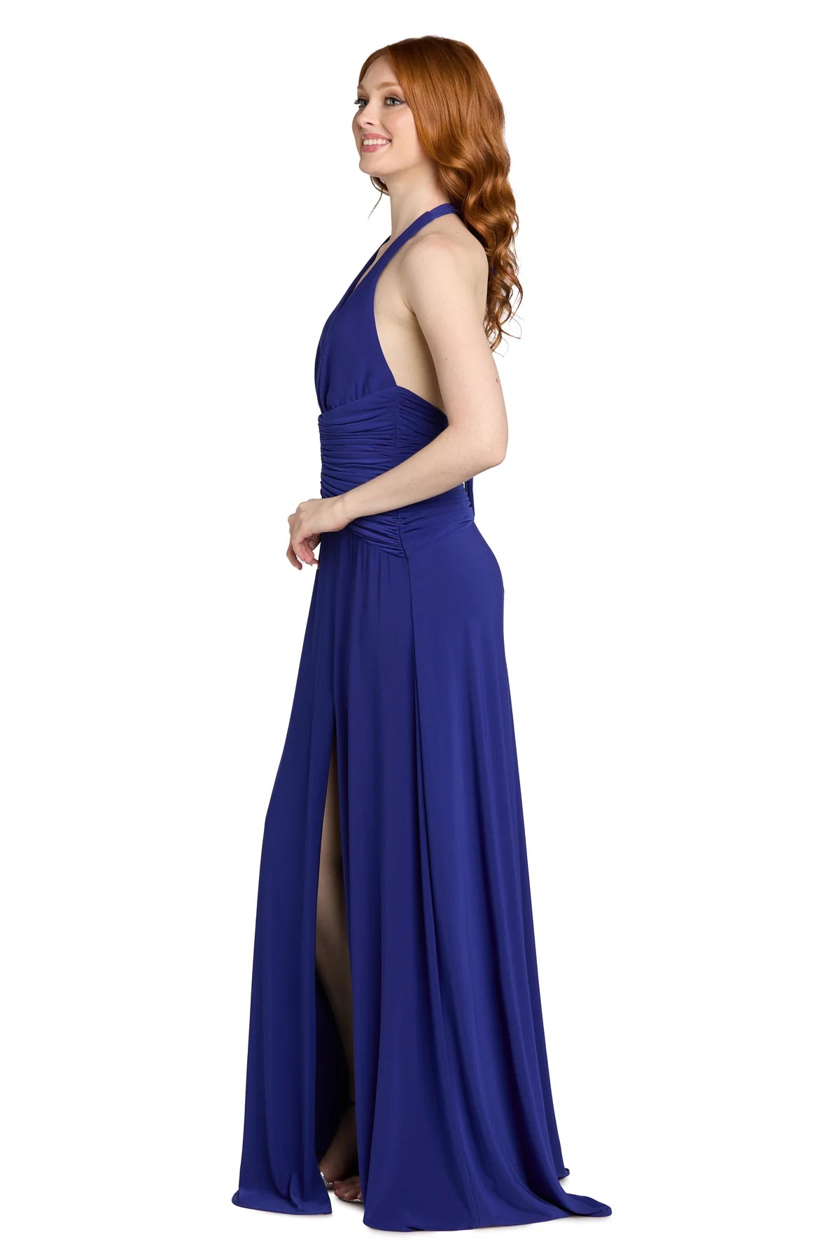 Flowy Halter Neck V Neck Sleeveless Low Back Floor Length Evening Dress with Front Slit