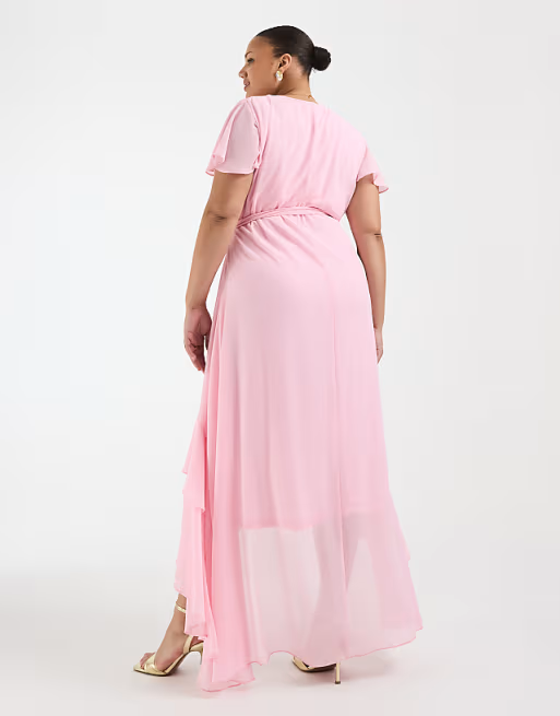 Flowy High-Low Wrap-Neck Flutter-Sleeve Straight-Back Bridesmaid Dress