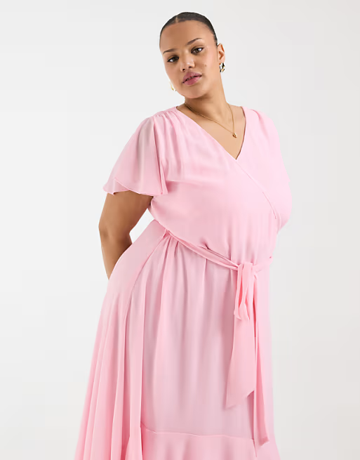 Flowy High-Low Wrap-Neck Flutter-Sleeve Straight-Back Bridesmaid Dress