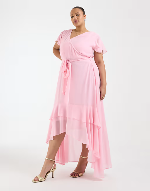 Flowy High-Low Wrap-Neck Flutter-Sleeve Straight-Back Bridesmaid Dress