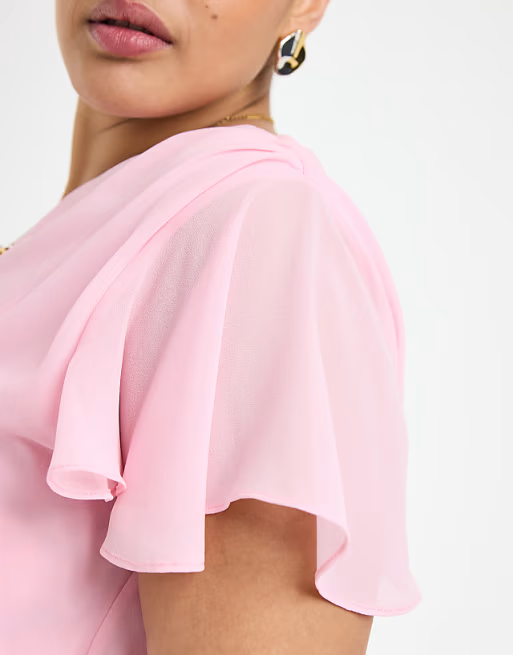 Flowy High-Low Wrap-Neck Flutter-Sleeve Straight-Back Bridesmaid Dress