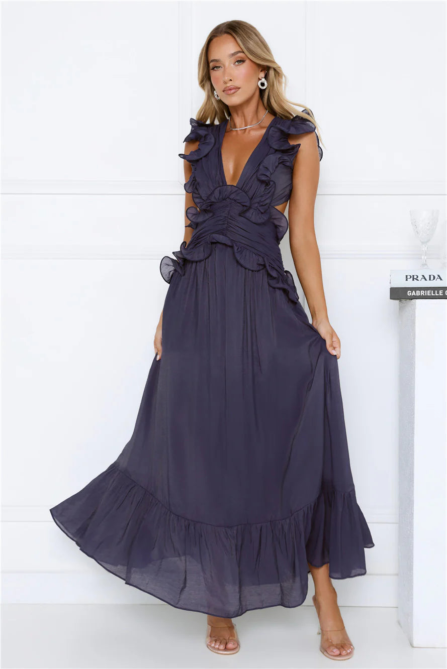 Flowy Maxi Plunging-Neck Ruffle-Sleeve Open-Back Evening Dress