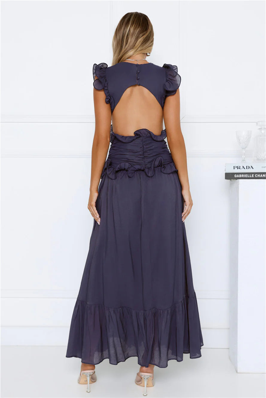 Flowy Maxi Plunging-Neck Ruffle-Sleeve Open-Back Evening Dress