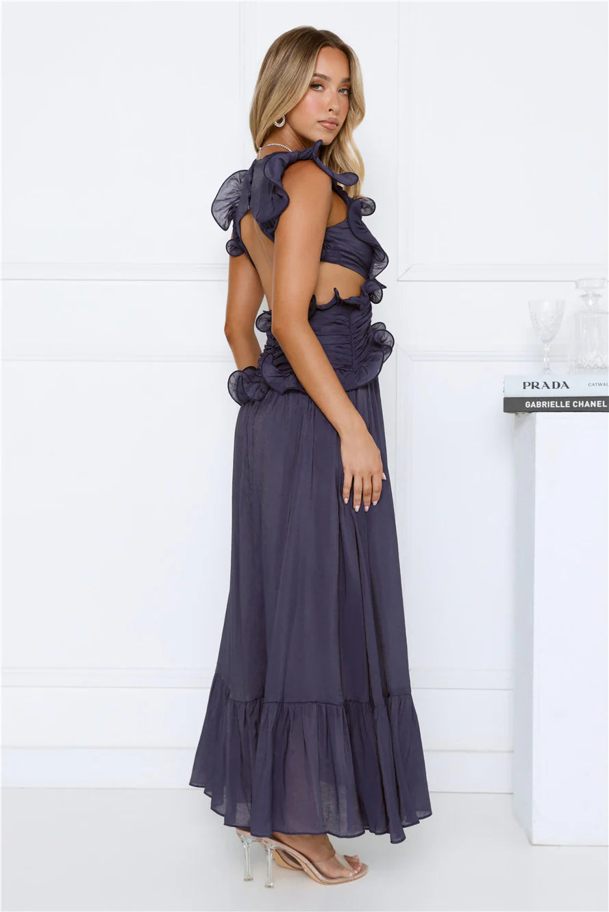 Flowy Maxi Plunging-Neck Ruffle-Sleeve Open-Back Evening Dress