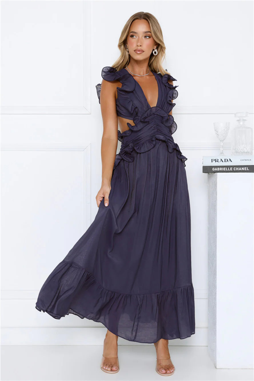 Flowy Maxi Plunging-Neck Ruffle-Sleeve Open-Back Evening Dress