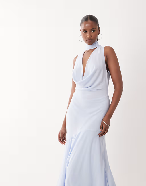 Flowy Mermaid Cowl Halter Neck Sleeveless Open Back High Low Bridesmaid Dress with Tie Back