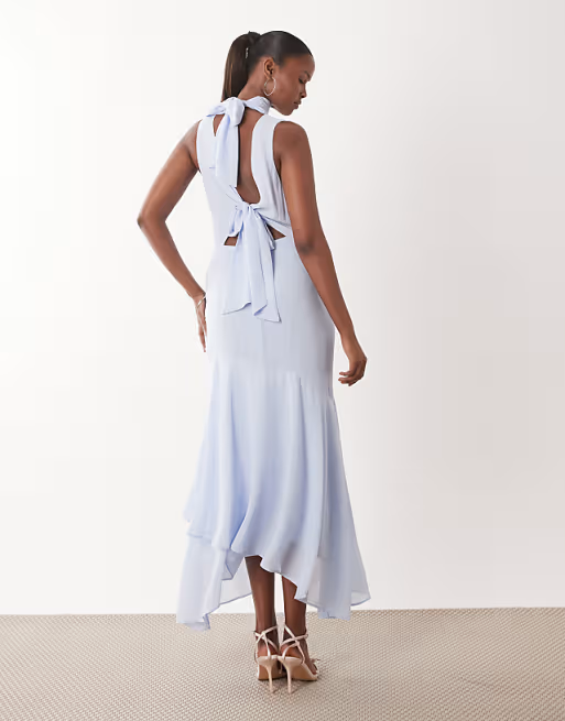 Flowy Mermaid Cowl Halter Neck Sleeveless Open Back High Low Bridesmaid Dress with Tie Back