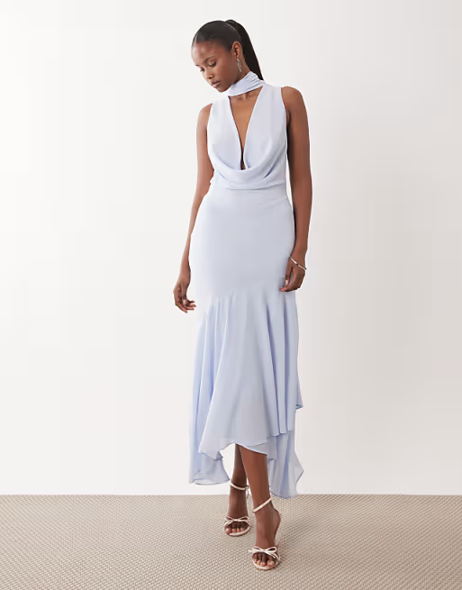 Flowy Mermaid Cowl Halter Neck Sleeveless Open Back High Low Bridesmaid Dress with Tie Back
