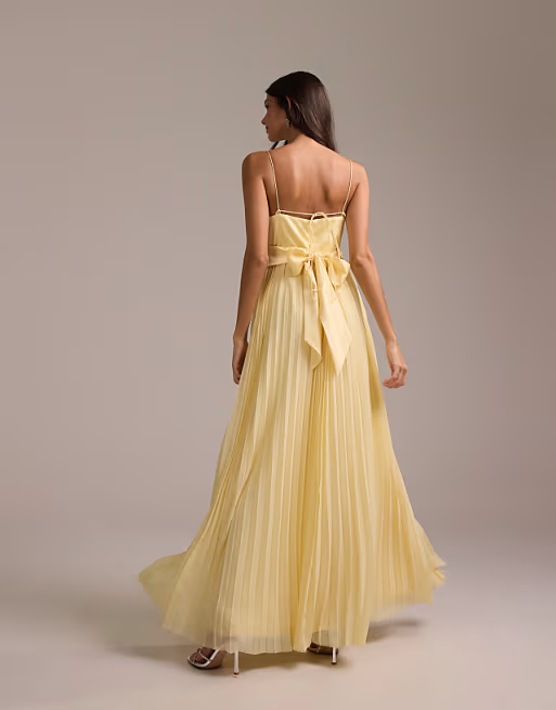 Flowy Pleated A-Line V-Neck Spaghetti-Strap Tie-Back Floor-Length Bridesmaid Dress