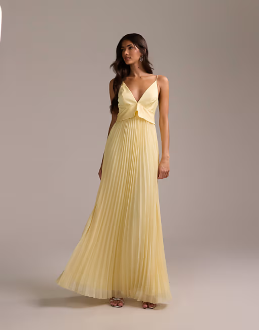 Flowy Pleated A-Line V-Neck Spaghetti-Strap Tie-Back Floor-Length Bridesmaid Dress