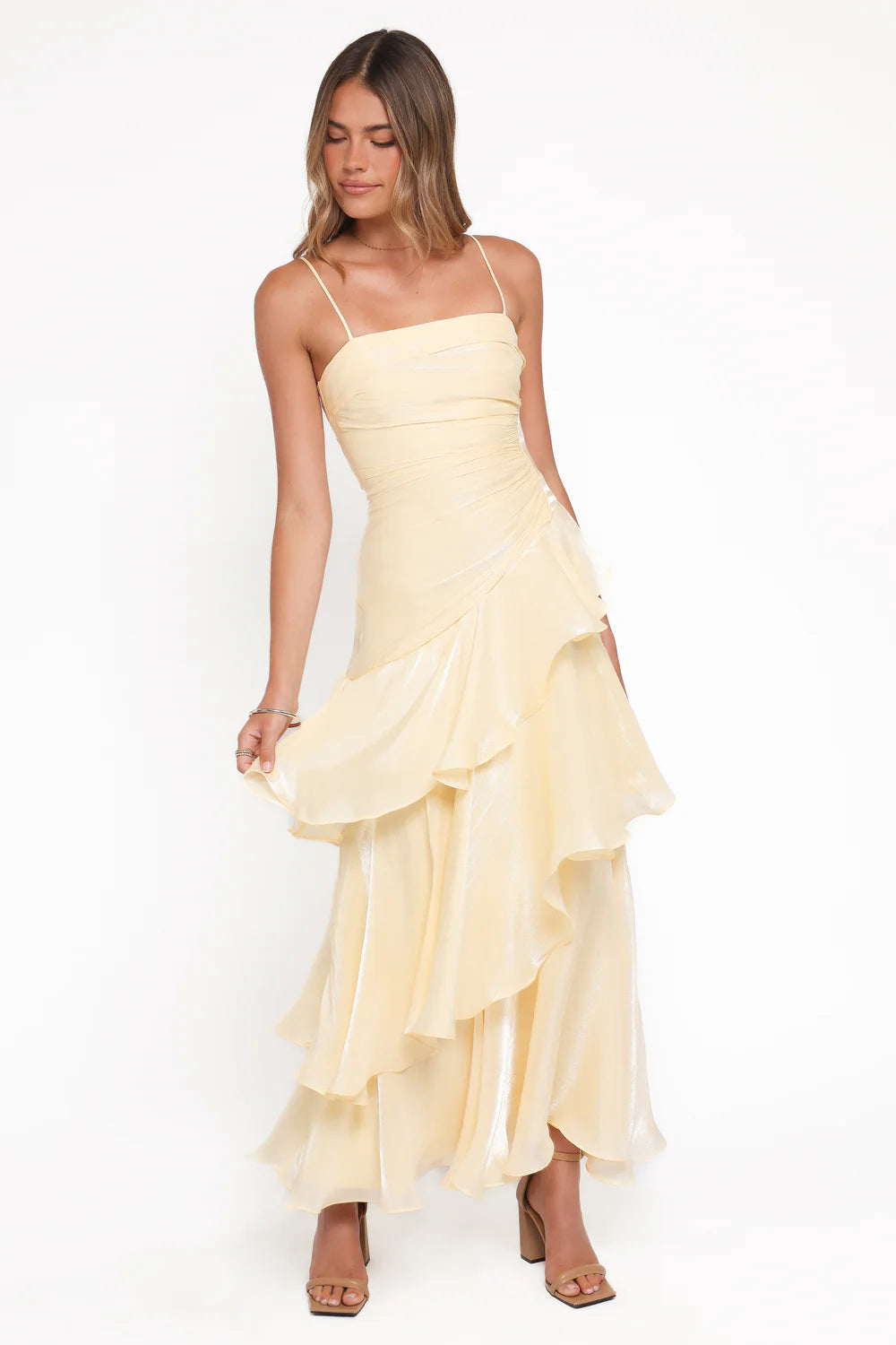 Flowy Satin Straight Neck Spaghetti Straps Tiered Ruffle Maxi Evening Dress