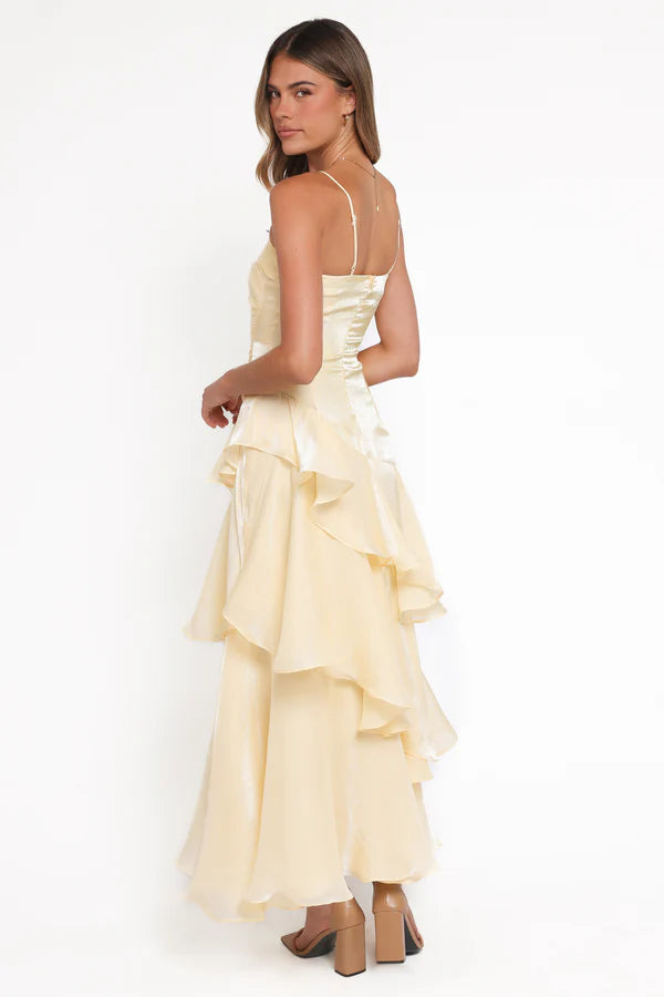 Flowy Satin Straight Neck Spaghetti Straps Tiered Ruffle Maxi Evening Dress