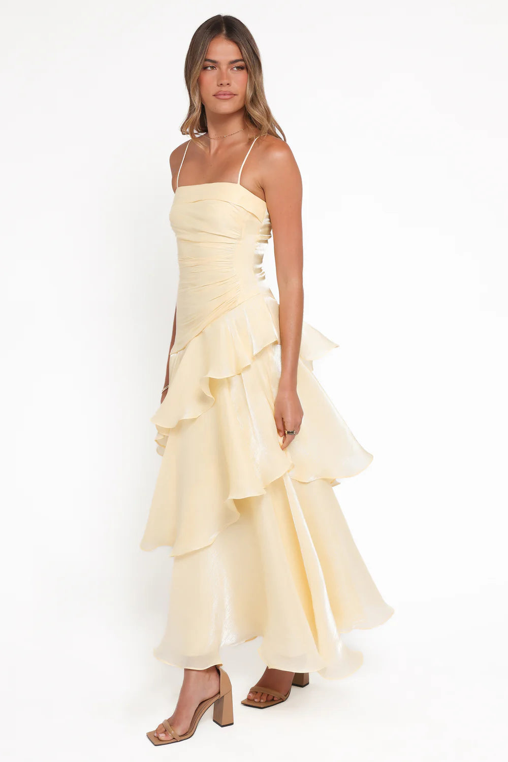 Flowy Satin Straight Neck Spaghetti Straps Tiered Ruffle Maxi Evening Dress