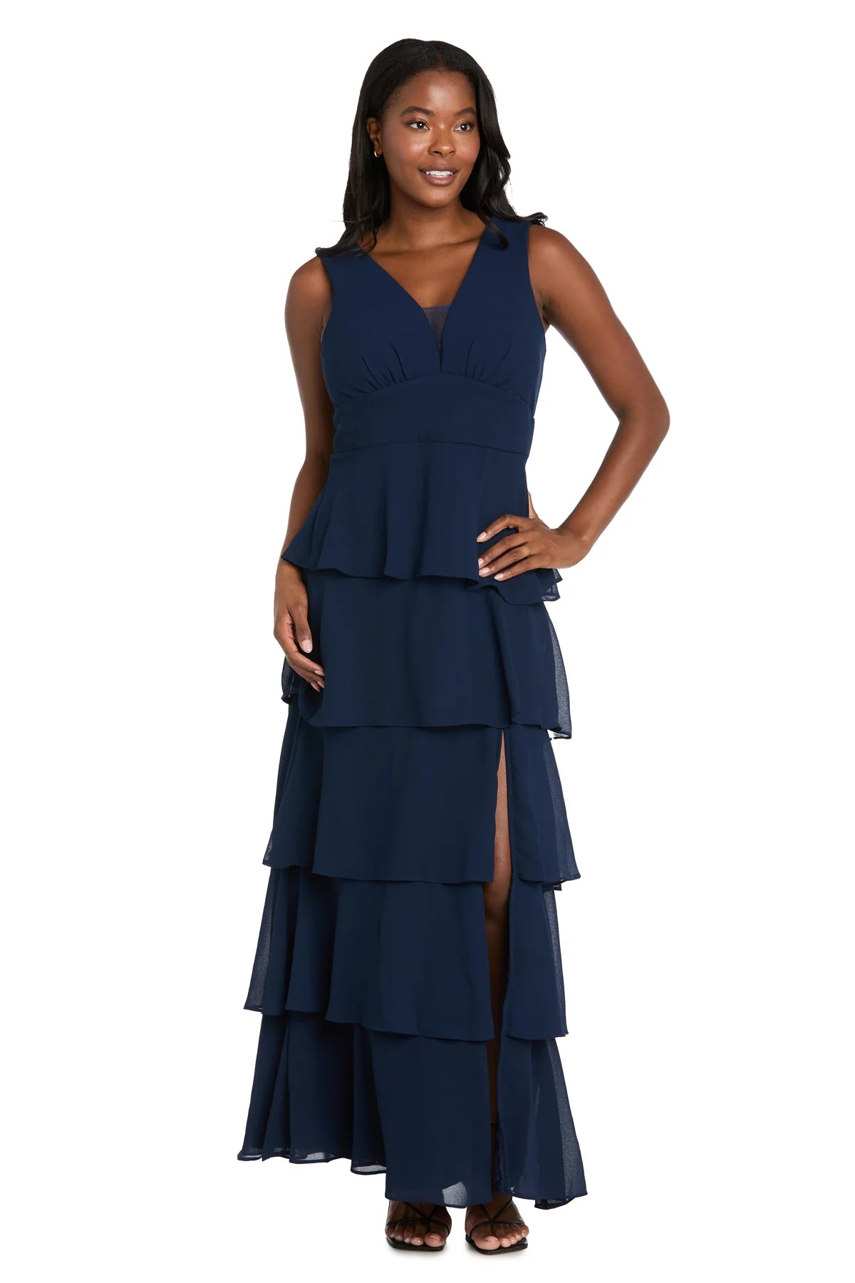 Flowy Tiered V-Neck Sleeveless Zipper-Back Slit Navy Evening Dress