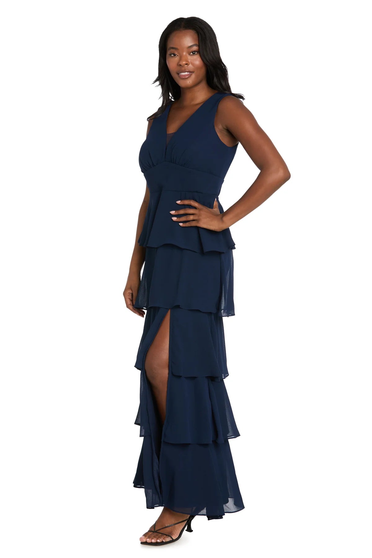 Flowy Tiered V-Neck Sleeveless Zipper-Back Slit Navy Evening Dress
