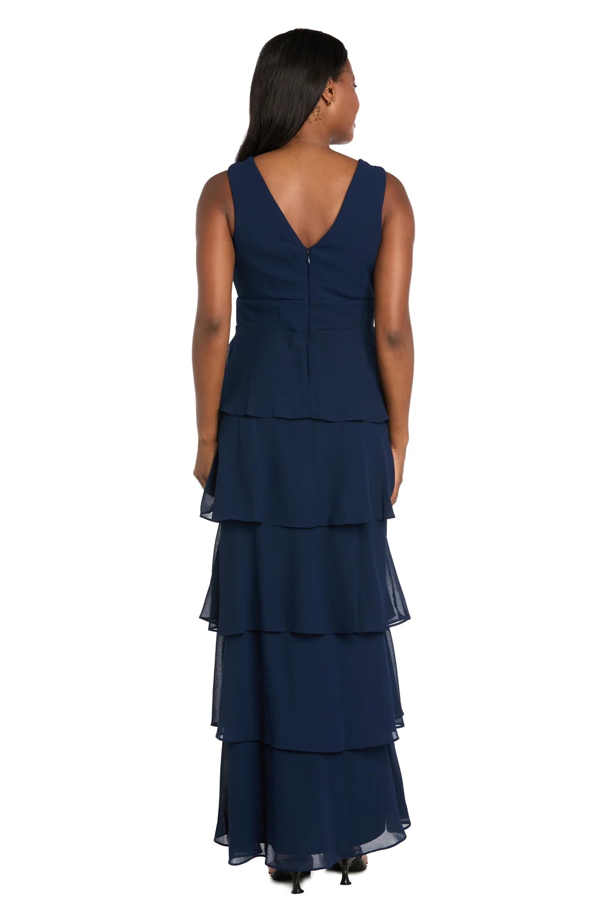 Flowy Tiered V-Neck Sleeveless Zipper-Back Slit Navy Evening Dress