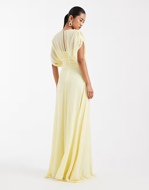 Flowy V-Neck Ruched-Waist Dolman-Sleeve Floor-Length Chiffon Bridesmaid Dress