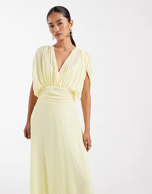Flowy V-Neck Ruched-Waist Dolman-Sleeve Floor-Length Chiffon Bridesmaid Dress