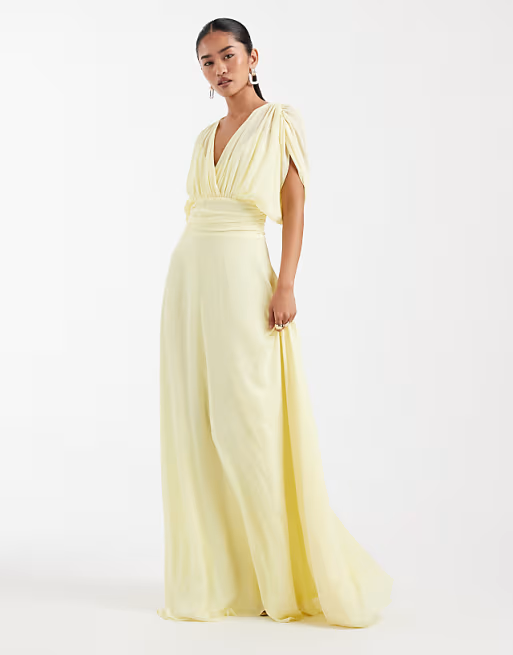 Flowy V-Neck Ruched-Waist Dolman-Sleeve Floor-Length Chiffon Bridesmaid Dress