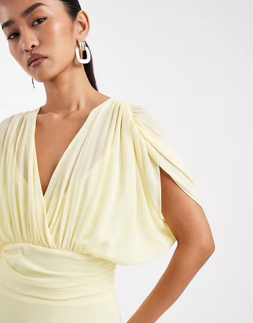 Flowy V-Neck Ruched-Waist Dolman-Sleeve Floor-Length Chiffon Bridesmaid Dress