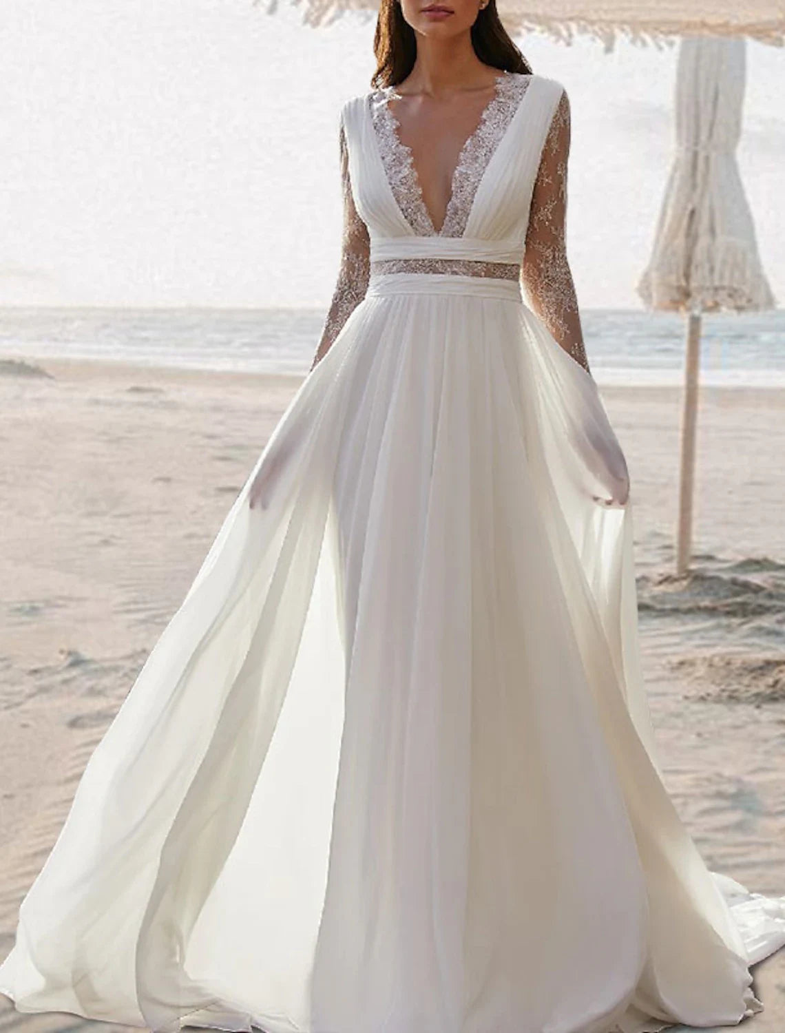 Flowy Beach Boho Chiffon Lace A-Line Deep V-Neck Long Sleeves Illusion Button Back Floor-Length Wedding Dresses