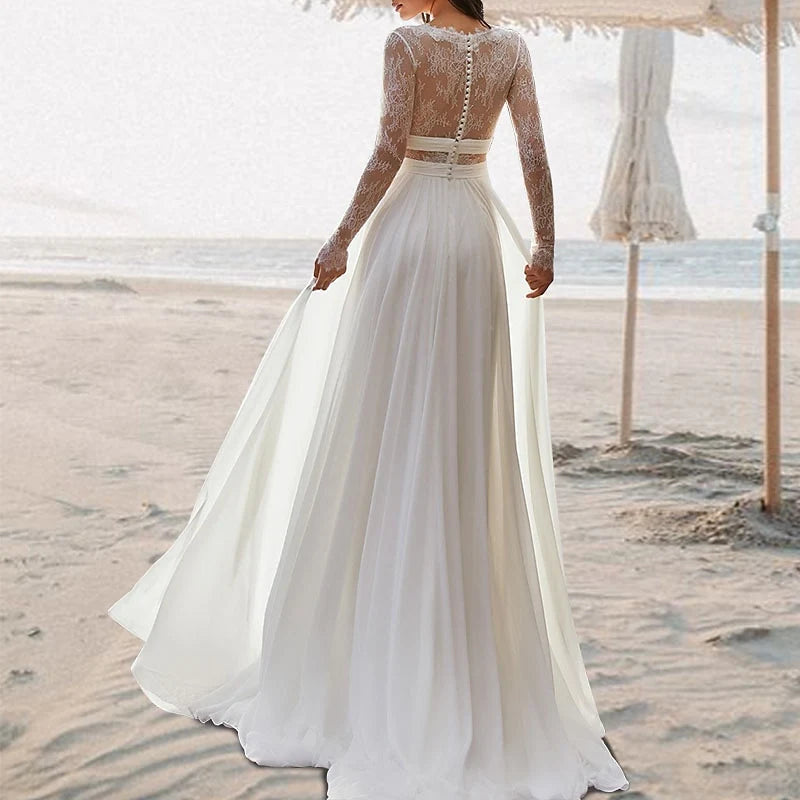 Flowy Beach Boho Chiffon Lace A-Line Deep V-Neck Long Sleeves Illusion Button Back Floor-Length Wedding Dresses