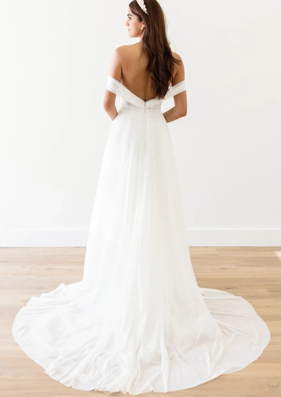 Flowy Beach Chiffon A-Line Off-Shoulder Sweetheart Draped Open Back Floor-Length Wedding Dresses