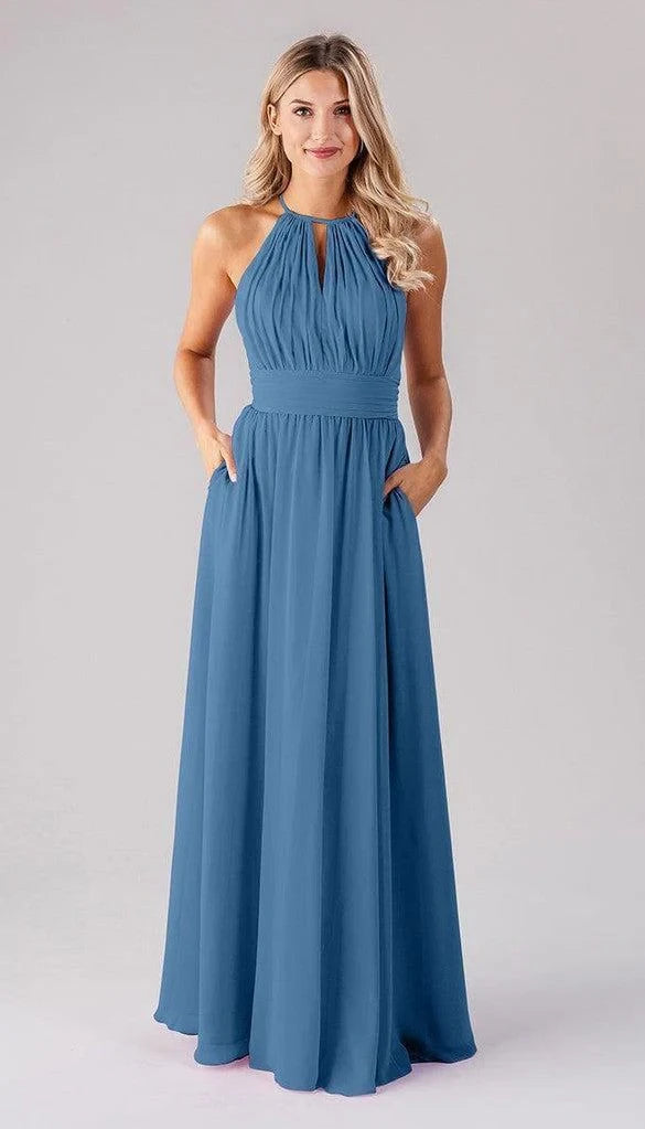 Flowy Chiffon A-Line Halter Neck Keyhole Sleeveless Keyhole Back Floor-Length Bridesmaid Dresses