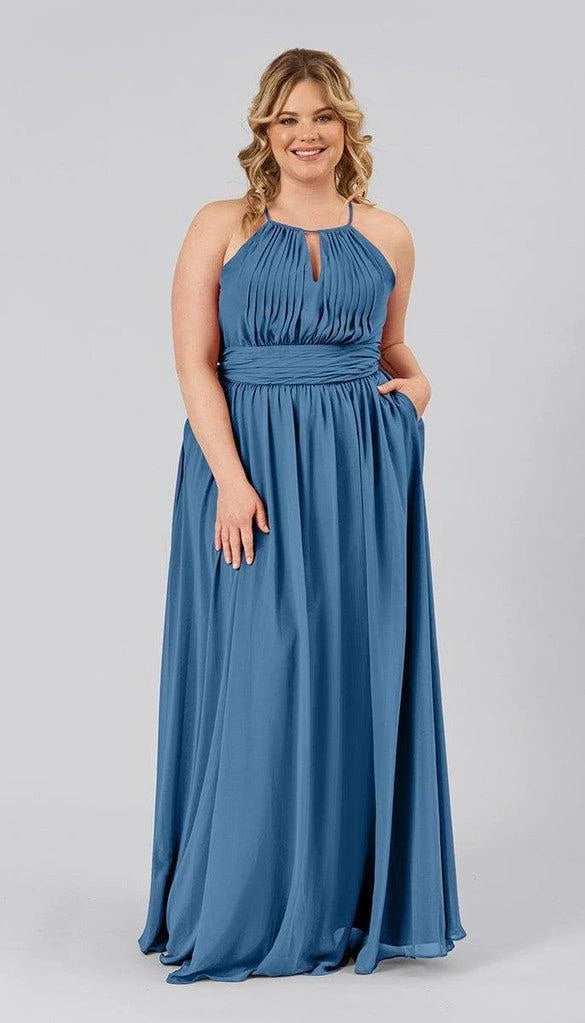 Flowy Chiffon A-Line Halter Neck Keyhole Sleeveless Keyhole Back Floor-Length Bridesmaid Dresses