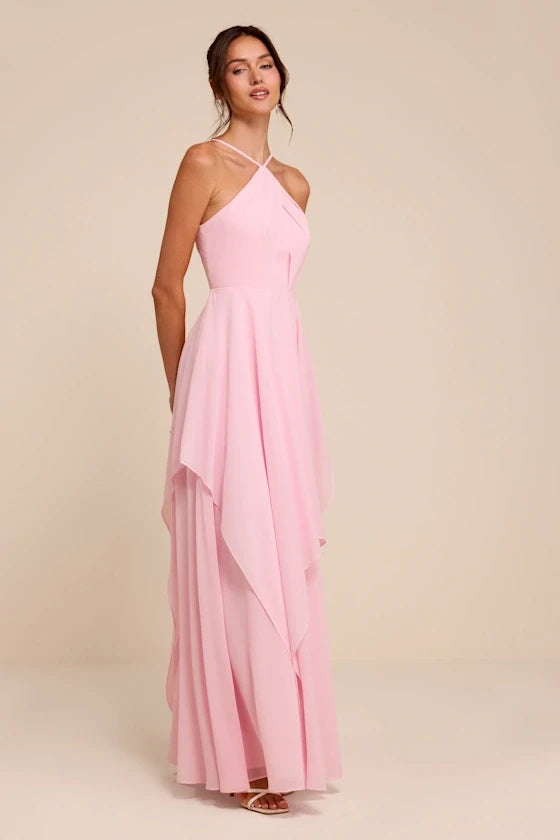 Flowy Chiffon A-Line Halter Neck Sleeveless Criss-Cross Back Floor-Length Homecoming Dresses
