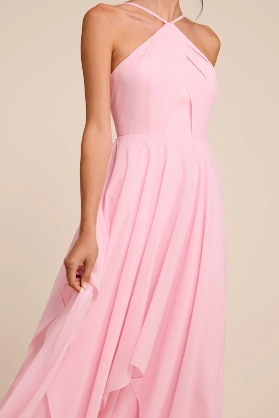 Flowy Chiffon A-Line Halter Neck Sleeveless Criss-Cross Back Floor-Length Homecoming Dresses