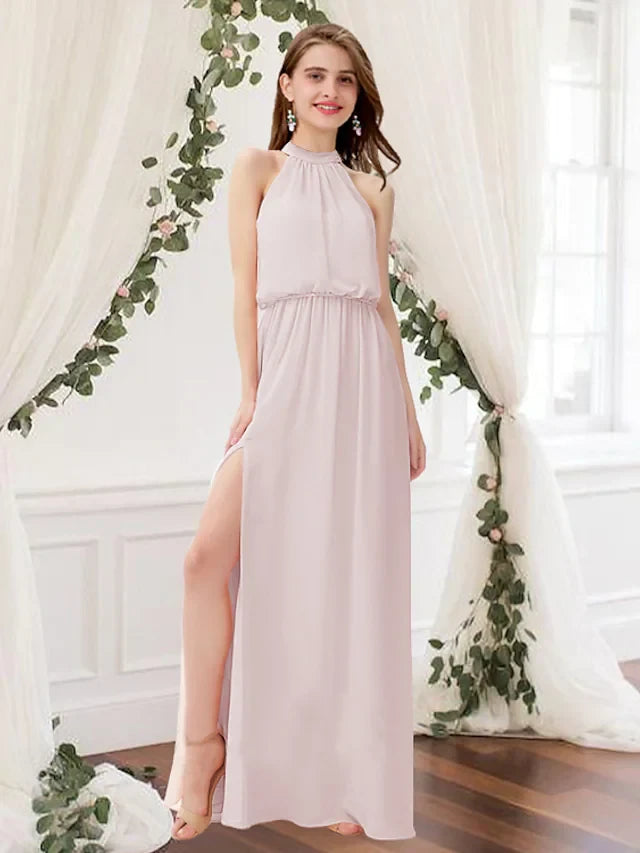 Flowy Chiffon A-Line Halter Neck Sleeveless High Back Floor-Length Bridesmaid Dresses with Slit