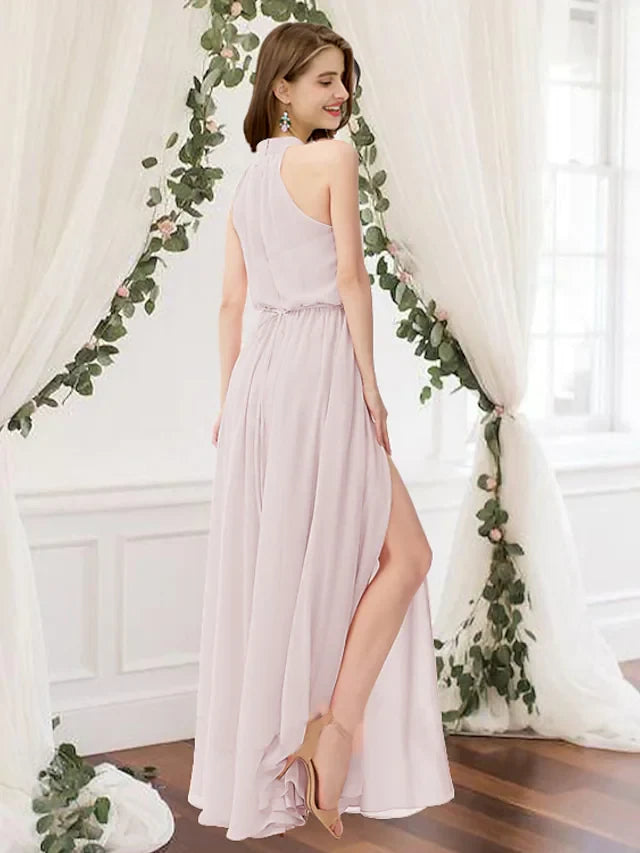 Flowy Chiffon A-Line Halter Neck Sleeveless High Back Floor-Length Bridesmaid Dresses with Slit